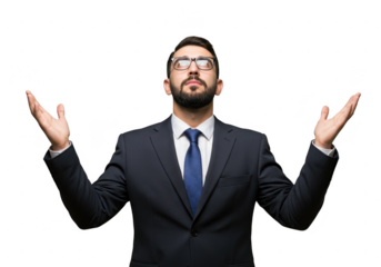 Businessman in suit looking up on transparent background