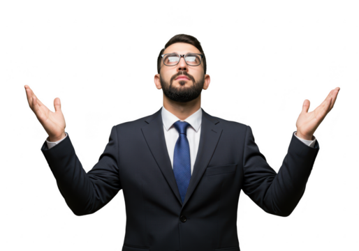 Businessman in suit looking up on transparent background