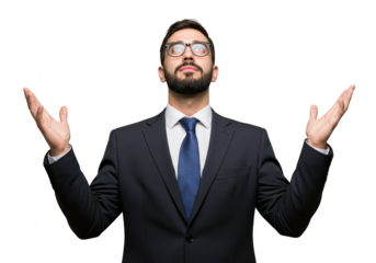 Businessman Looking Upward with Open Hands on Transparent Background