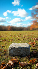 Modern new tombstone with clean, minimalistic design, set against a bright, softly blurred background. Empty caption space on the side enhances simplicity and serenity in a respectful atmosphere.

