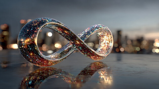 Endless infinity sign made of digital lines representing virtual reality, metaverse, and futuristic innovation. Symbolizes online simulation, cyber communication, and global connectivity with a blurre - Powered by Adobe