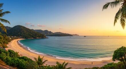 Fototapeta premium Tropical beach paradise at sunset with lush greenery
