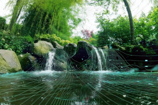 Nature meets tech: digital streams over a peaceful garden. Futuristic meditation. How true belief transcends mere biblical familiarity. Digital church. Spiritual enlightenment.