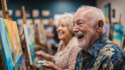 Senior friends attend painting class. elderly man is laughing with joy, feeling creative and connected, while his companion paints with focus and passion