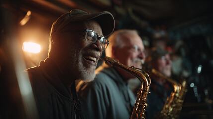 Cheerful group of senior men find shared joy and camaraderie in playing their jazz instruments together in warm, intimate setting