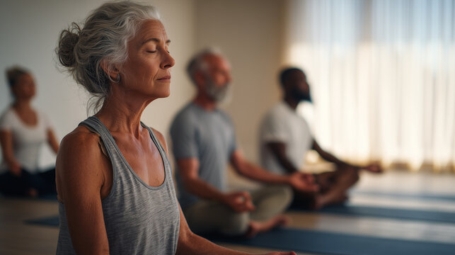 Senior friends practice yoga with peaceful and serene expressions, fostering sense of community and inner calm during their exercise class