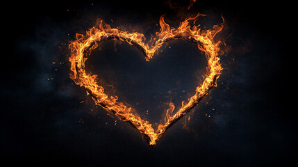 Fiery heart shape made of vivid flames on a black background. Intense, passionate, and dynamic, symbolizing love, energy, and power. Caption space available on the side for text or message.

