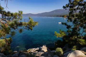 Framed view of boats in Lake Tahoe