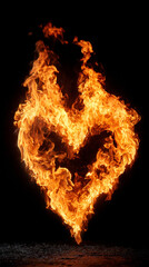 Fiery heart shape made of vivid flames on a black background. Intense, passionate, and dynamic, symbolizing love, energy, and power. Caption space available on the side for text or message.

