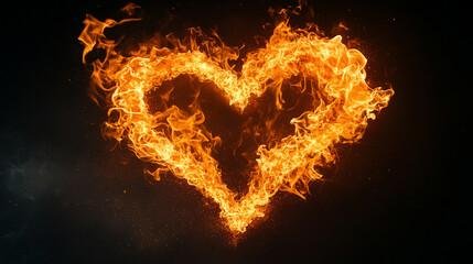 Fiery heart shape made of vivid flames on a black background. Intense, passionate, and dynamic, symbolizing love, energy, and power. Caption space available on the side for text or message.

