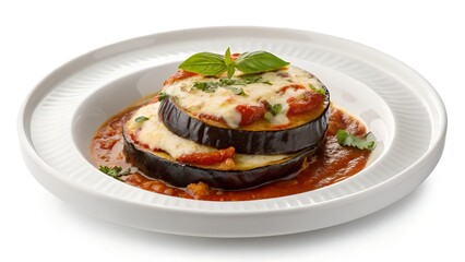 Baked Eggplant Parmesan Stacks with Rich Tomato Sauce and Fresh Basil Garnish









