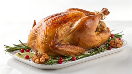 Golden Roasted Thanksgiving Turkey Stuffed and Garnished with Fresh Herbs and Cranberries









