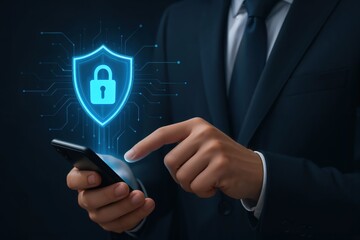 A businessman demonstrates digital security by interacting with a smartphone displaying a futuristic lock symbol indicating cybersecurity awareness and tech-savvy solutions for todays world.