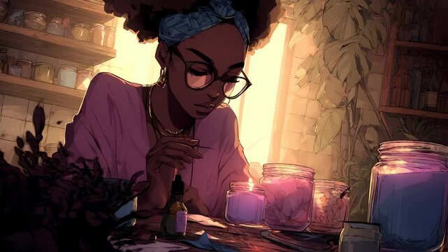 African American woman with glasses working with candle jars in purple shirt workshop 4K Seamless loop animation