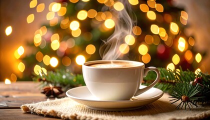 Fototapeta premium Warm coffee cup by Christmas tree lights