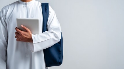 Close Up of a Muslim Student Holding a Tablet : Suitable for Be Used in Blog Posts, Social Media Posts or Website Content Related to People and Education Theme.