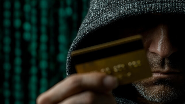 Hooded figure holding an empty credit card against a digitalized background, symbolizing cybercrime, identity theft, and online fraud. Dark, mysterious atmosphere with caption space on the side.

