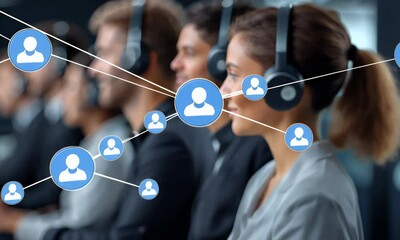 Customer Service Team Network: Diverse Agents with Headsets - Powered by Adobe