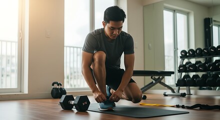 Focused young man tying shoelaces before gym workout.