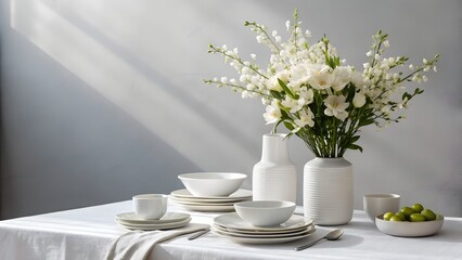 Elegant white dinnerware set with delicate white flowers and green olives on a table
