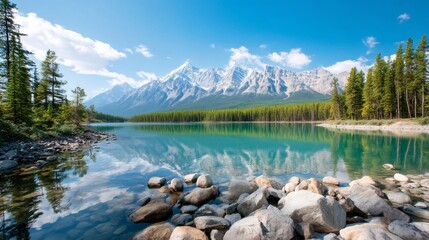 Obraz premium Serene Mountain Lake Reflection Under Clear Blue Sky Surrounded by Trees and Rocky Shoreline