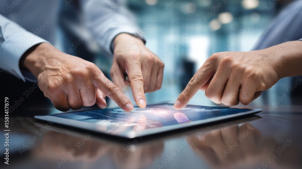 Poster collaboration and technology concept with hands pointing at digital tablet in modern office environm