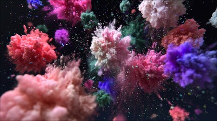 Obraz premium Colorful Explosion of Powder Particles in a Dark Background Capturing a Dynamic Artistic Moment