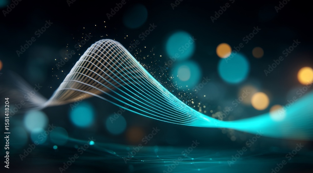Poster elegant abstract wave design with glowing lights and bokeh effects in dark background