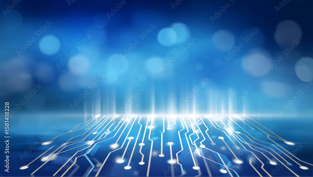 Poster abstract blue background with circuit patterns and bokeh effect for technology themes