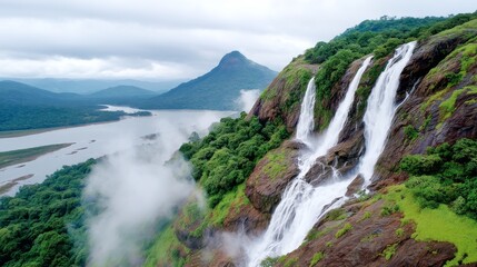 Fototapeta premium Majestic Waterfall Cascading Down Rocky Cliff Surrounded by Lush Green Forest and Mountains