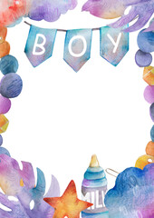 Watercolor baby boy nursery illustration. Hand-painted cute jungle animals