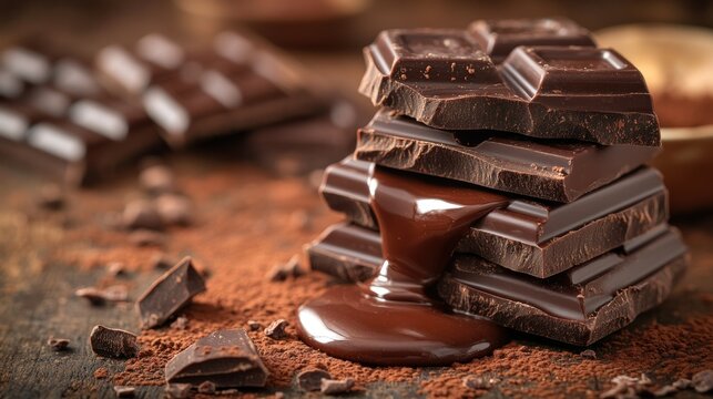 Stacked dark chocolate pieces, melted chocolate drizzling down