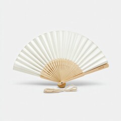 Mockup of a white folding hand fan set apart against a white background.