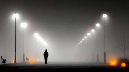 Foggy Night Walk with Pumpkins and Street Lights