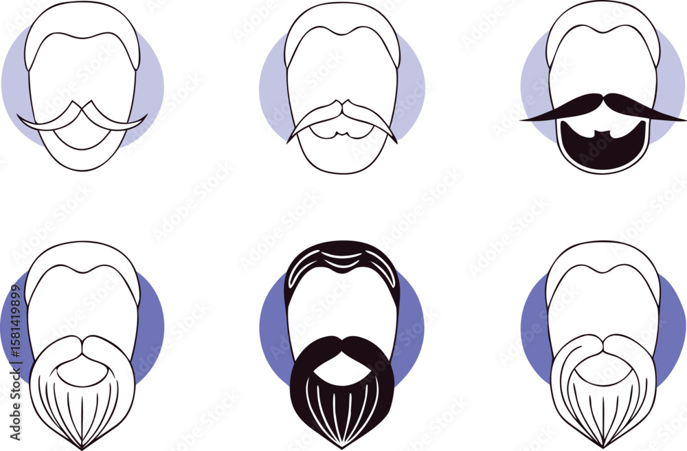 Poster a diverse collection of stylized black man mustache graphics featuring various shapes and sizes suit