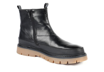 One stylish black boot on white background