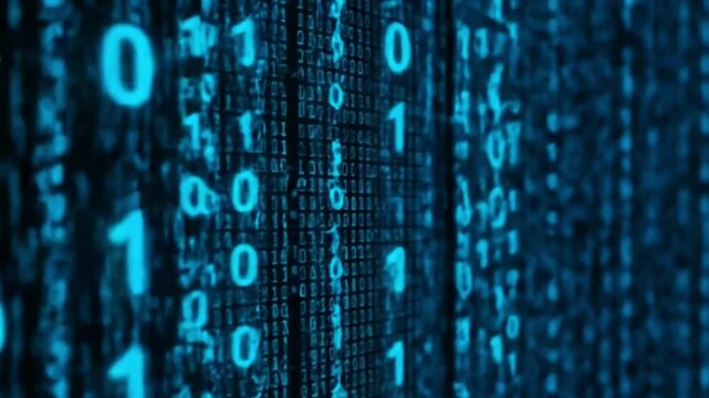 A close up view of blue binary code cascading down a dark screen showing computer information