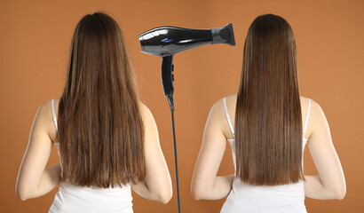 Before and after hair styling. Hair dryer between photos of woman against brown background