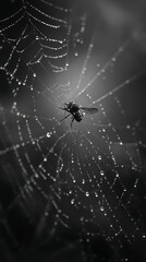 Obraz premium Fly Trapped in Dewy Spiderweb