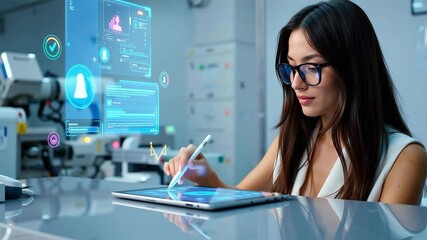 Woman using digital stylus and tablet with futuristic data interface in laboratory setting. Studio work portrait. Scientific research and digital technology concept for design and print - Powered by Adobe