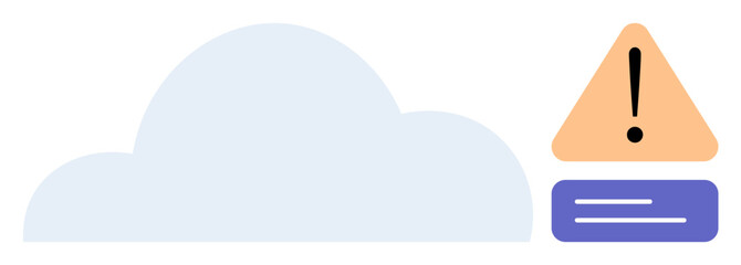 Cloud icon beside alert triangle with exclamation mark and flat horizontal bar. Ideal for technology, system issue, network warning, data management, troubleshooting, app debugging, simple flat