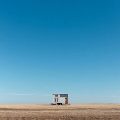 Small House in Empty Field Under Blue Sky