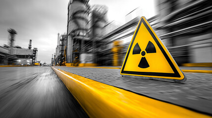 Yellow hazard warning sign overlaying a large industrial facility. Emphasizes safety, caution, and risk management in industrial environments. Clear caption space on the side for text or messaging.

