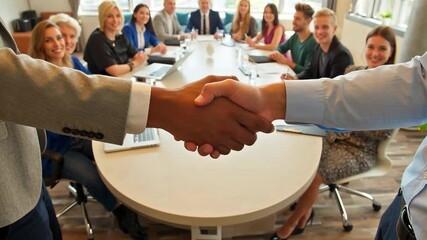 Two people shaking hands in front of business team during meeting in modern conference room. Studio corporate photography. Partnership and teamwork agreement concept for design and print - Powered by Adobe
