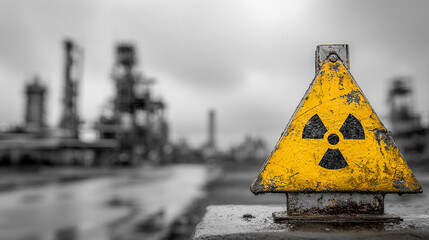 Yellow hazard warning sign overlaying a large industrial facility. Emphasizes safety, caution, and risk management in industrial environments. Clear caption space on the side for text or messaging.

