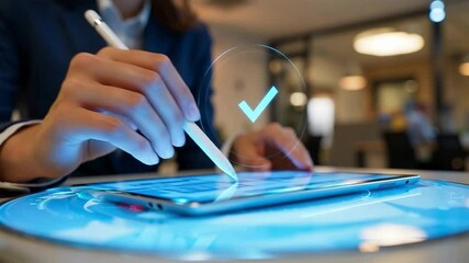 Person using digital stylus on tablet screen with virtual checkmark icon in office environment. Close-up technology photo. Electronic signature and digital approval concept for design and print - Powered by Adobe