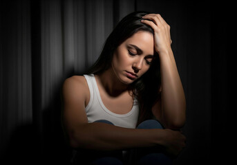 Fototapeta premium Sad young woman sitting in the dark, holding her head in emotional distress. This image represents depression, anxiety, and mental health struggles, ideal for awareness and psychological content. 