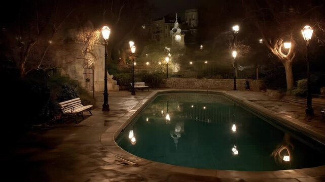Tranquil pool and garden at night, lights reflecting on water