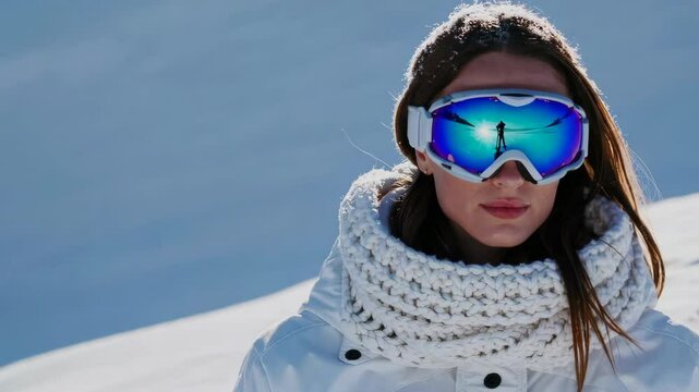 Winter adventure reflection in ski goggles capturing mountain serenity