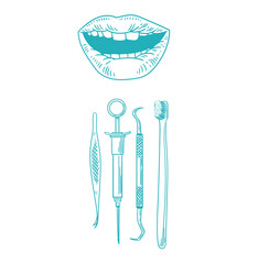 Set of original hand-drawn illustrations of teeth and dental instruments in a minimalist style. illustrations for posters, cards, dental clinics, and graphic design.